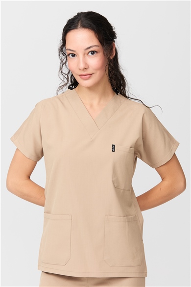 Happiness Spaniard - Likralı Doktor Hemşire Scrubs Tek Üst Cerrahi Forma (KADIN), Bej