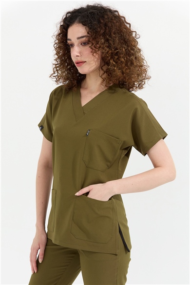 Happiness Spaniard - Likralı Doktor Hemşire Tek Üst Forma (KADIN), Haki