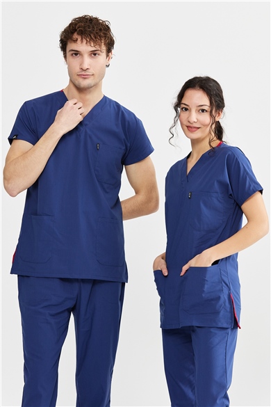 UltraLycra Basic - Likralı Doktor Hemşire Forma Takımı Scrubs Üniforma Cerrahi Takım (UNISEX), Fırtına Mavi