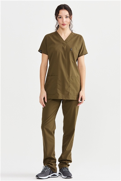 UltraLycra Basic - Likralı Doktor Hemşire Forma Takımı Scrubs Üniforma Cerrahi Takım (UNISEX), Haki