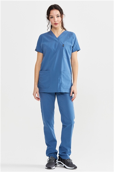 UltraLycra Basic - Likralı Doktor Hemşire Forma Takımı Scrubs Üniforma Cerrahi Takım (UNISEX), İndigo