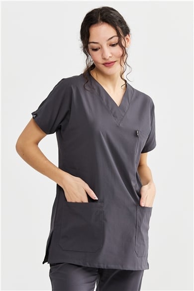 UltraLycra Basic - Likralı Doktor Hemşire Forma Takımı Scrubs Üniforma Cerrahi Takım (UNISEX), Antrasit