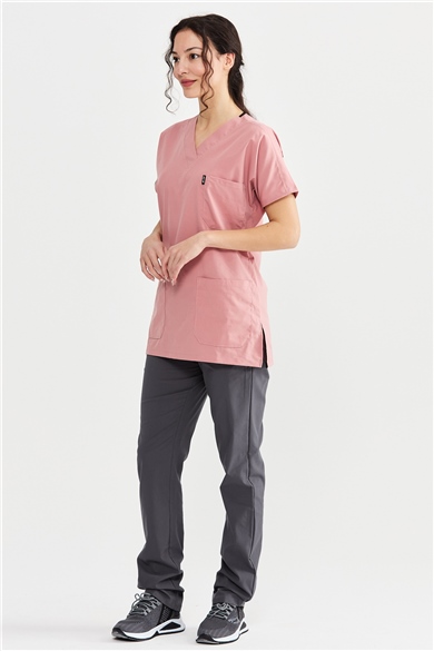 UltraLycra Harmony/Basic - Likralı Doktor Hemşire Forma Takımı Scrubs Üniforma Cerrahi Takım (UNISEX), Bronz Pembe/Antrasit
