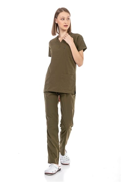 UltraLycra Basic - Likralı Doktor Hemşire Forma Takımı (UNISEX), Haki