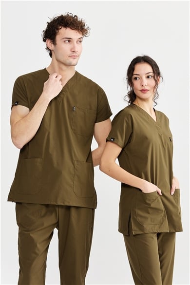 UltraLycra Basic - Likralı Doktor Hemşire Forma Takımı Scrubs Üniforma Cerrahi Takım (UNISEX), Haki