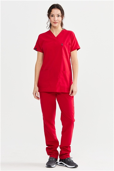 UltraLycra Basic - Likralı Doktor Hemşire Forma Takımı Scrubs Üniforma Cerrahi Takım (UNISEX), Kırmızı