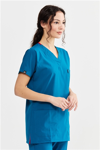 UltraLycra Basic - Likralı Doktor Hemşire Forma Takımı Scrubs Üniforma Cerrahi Takım (UNISEX), Petrol Mavi