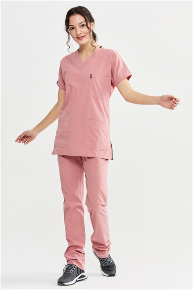 UltraLycra Basic - Likralı Doktor Hemşire Forma Takımı Scrubs Üniforma Cerrahi Takım (UNISEX), Bronz Pembe
