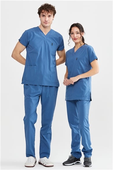 UltraLycra Basic - Likralı Doktor Hemşire Forma Takımı Scrubs Üniforma Cerrahi Takım (UNISEX), İndigo