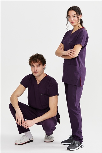 UltraLycra Basic - Likralı Doktor Hemşire Forma Takımı Scrubs Üniforma Cerrahi Takım (UNISEX), Koyu Mor