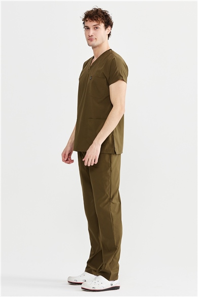 UltraLycra Basic - Likralı Doktor Hemşire Forma Takımı Scrubs Üniforma Cerrahi Takım (UNISEX), Haki