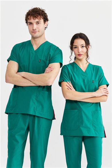UltraLycra Basic - Likralı Doktor Hemşire Forma Takımı Scrubs Üniforma Cerrahi Takım (UNISEX), Cerrahi Yeşil