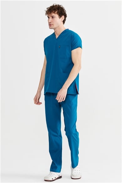 UltraLycra Basic - Likralı Doktor Hemşire Forma Takımı Scrubs Üniforma Cerrahi Takım (UNISEX), Petrol Mavi