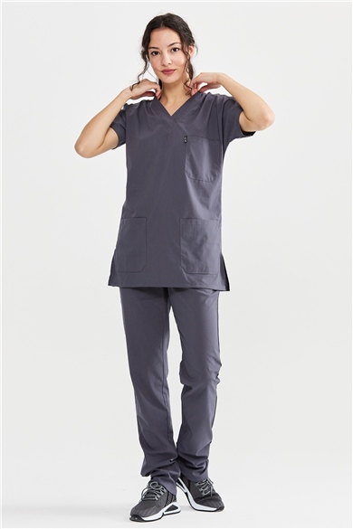 UltraLycra Basic - Likralı Doktor Hemşire Forma Takımı Scrubs Üniforma Cerrahi Takım (UNISEX), Asfalt