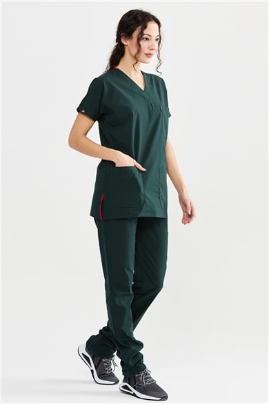UltraLycra Basic - Likralı Doktor Hemşire Forma Takımı Scrubs Üniforma Cerrahi Takım (UNISEX), Koyu Yeşil