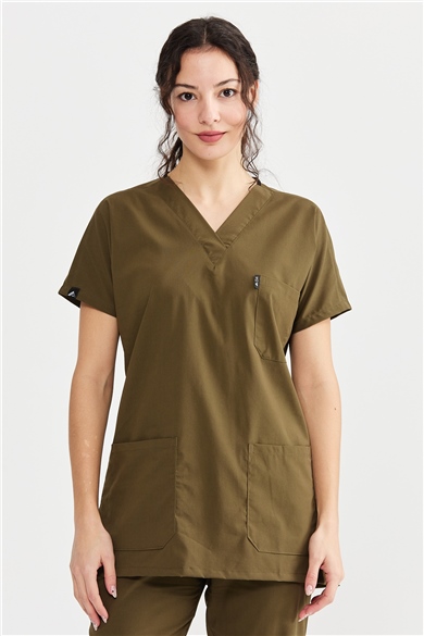 UltraLycra Basic - Likralı Doktor Hemşire Forma Takımı Scrubs Üniforma Cerrahi Takım (UNISEX), Haki