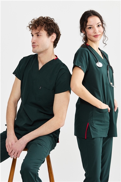 UltraLycra Basic - Likralı Doktor Hemşire Forma Takımı Scrubs Üniforma Cerrahi Takım (UNISEX), Koyu Yeşil