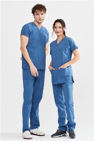 UltraLycra Basic - Likralı Doktor Hemşire Forma Takımı Scrubs Üniforma Cerrahi Takım (UNISEX), İndigo