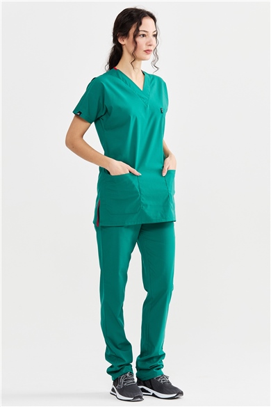 UltraLycra Basic - Likralı Doktor Hemşire Forma Takımı Scrubs Üniforma Cerrahi Takım (UNISEX), Cerrahi Yeşil
