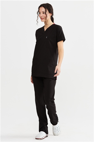 UltraLycra Basic - Likralı Doktor Hemşire Forma Takımı Scrubs Üniforma Cerrahi Takım (UNISEX), Siyah