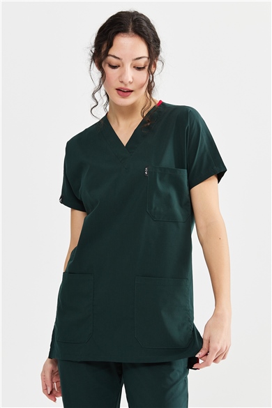 UltraLycra Basic - Likralı Doktor Hemşire Forma Takımı Scrubs Üniforma Cerrahi Takım (UNISEX), Koyu Yeşil