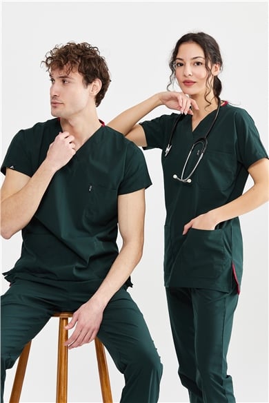 UltraLycra Basic - Likralı Doktor Hemşire Forma Takımı Scrubs Üniforma Cerrahi Takım (UNISEX), Koyu Yeşil