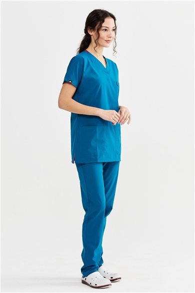 UltraLycra Basic - Likralı Doktor Hemşire Forma Takımı Scrubs Üniforma Cerrahi Takım (UNISEX), Petrol Mavi