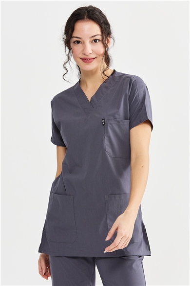UltraLycra Basic - Likralı Doktor Hemşire Forma Takımı Scrubs Üniforma Cerrahi Takım (UNISEX), Asfalt