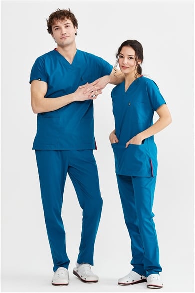 UltraLycra Basic - Likralı Doktor Hemşire Forma Takımı Scrubs Üniforma Cerrahi Takım (UNISEX), Petrol Mavi