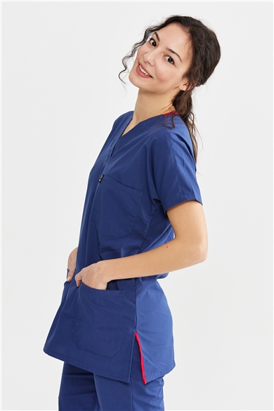 UltraLycra Basic - Likralı Doktor Hemşire Forma Takımı Scrubs Üniforma Cerrahi Takım (UNISEX), Fırtına Mavi
