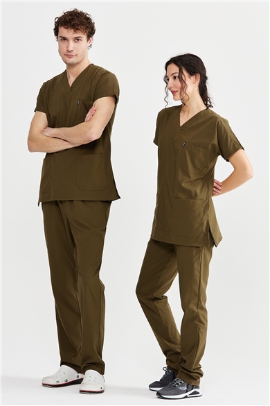 UltraLycra Basic - Likralı Doktor Hemşire Forma Takımı Scrubs Üniforma Cerrahi Takım (UNISEX), Haki