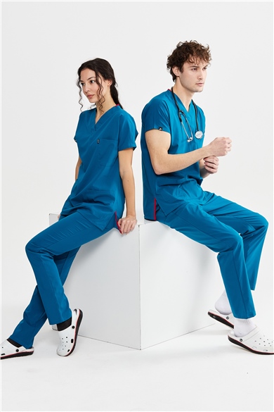 UltraLycra Basic - Likralı Doktor Hemşire Forma Takımı Scrubs Üniforma Cerrahi Takım (UNISEX), Petrol Mavi