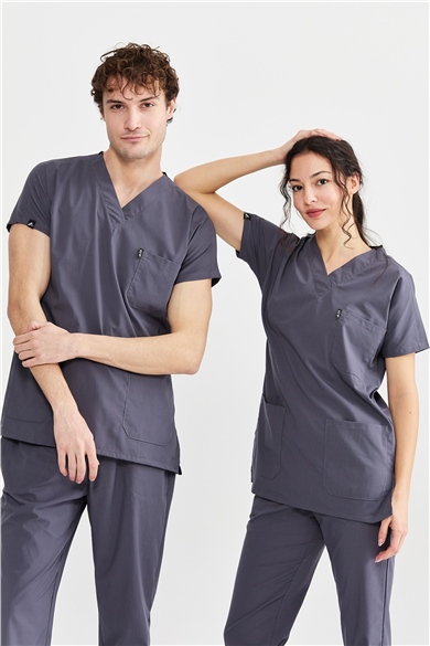 UltraLycra Basic - Likralı Doktor Hemşire Forma Takımı Scrubs Üniforma Cerrahi Takım (UNISEX), Asfalt