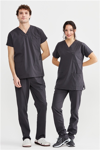 UltraLycra Basic - Likralı Doktor Hemşire Forma Takımı Scrubs Üniforma Cerrahi Takım (UNISEX), Antrasit