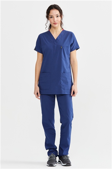 UltraLycra Basic - Likralı Doktor Hemşire Forma Takımı Scrubs Üniforma Cerrahi Takım (UNISEX), Fırtına Mavi
