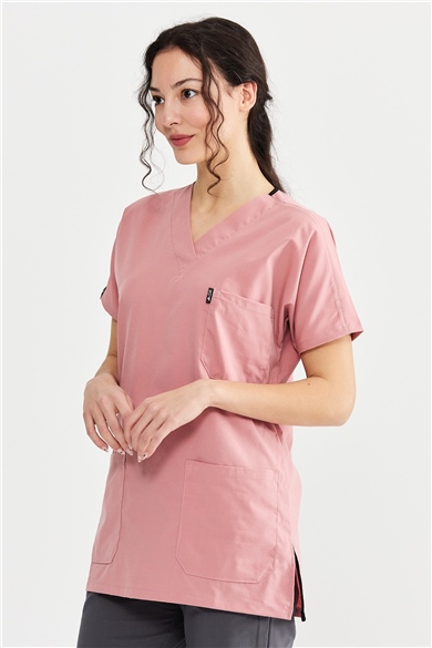 UltraLycra Harmony/Basic - Likralı Doktor Hemşire Forma Takımı Scrubs Üniforma Cerrahi Takım (UNISEX), Bronz Pembe/Antrasit
