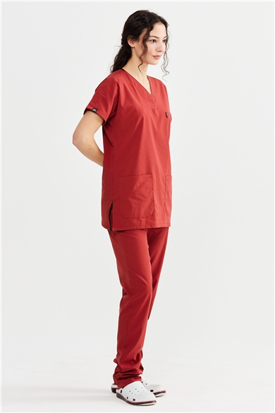 UltraLycra Basic - Likralı Doktor Hemşire Forma Takımı Scrubs Üniforma Cerrahi Takım (UNISEX), Kiremit