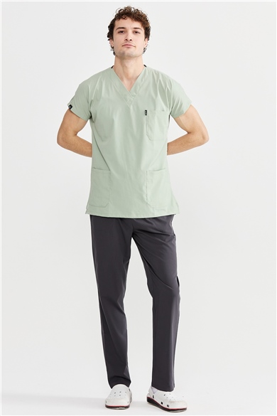 UltraLycra Harmony/Basic - Likralı Doktor Hemşire Forma Takımı Scrubs Üniforma Cerrahi Takım (UNISEX), Su Yeşili/Antrasit