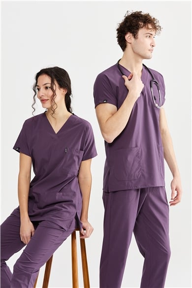 UltraLycra Basic - Likralı Doktor Hemşire Forma Takımı Scrubs Üniforma Cerrahi Takım (UNISEX), Gül Kurusu