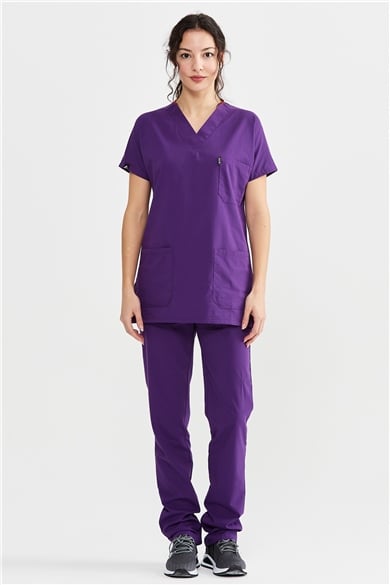 UltraLycra Basic - Likralı Doktor Hemşire Forma Takımı Scrubs Üniforma Cerrahi Takım (UNISEX), Mor