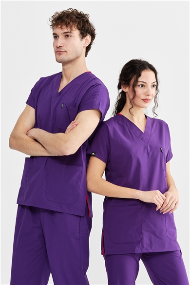 UltraLycra Basic - Likralı Doktor Hemşire Forma Takımı Scrubs Üniforma Cerrahi Takım (UNISEX), Mor