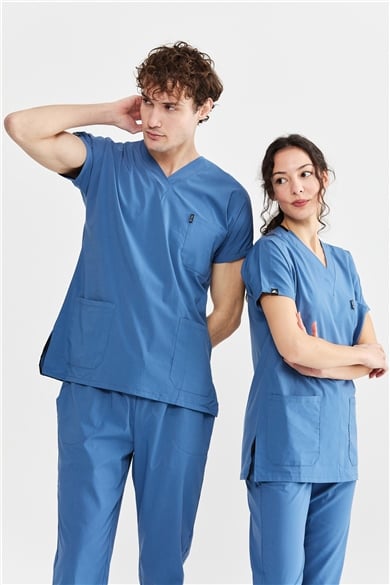 UltraLycra Basic - Likralı Doktor Hemşire Scrubs Tek Üst Cerrahi Forma (UNISEX), İndigo