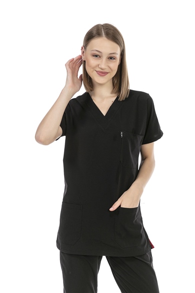 UltraLycra Basic - Likralı Doktor Hemşire Tek Üst Forma (UNISEX), Siyah