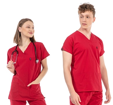 UltraLycra Basic - Likralı Doktor Hemşire Scrubs Tek Üst Cerrahi Forma (UNISEX), Kırmızı