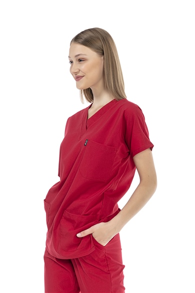 UltraLycra Basic - Likralı Doktor Hemşire Scrubs Tek Üst Cerrahi Forma (UNISEX), Kırmızı