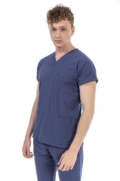 UltraLycra Basic - Likralı Doktor Hemşire Scrubs Tek Üst Cerrahi Forma (UNISEX), Fırtına Mavi