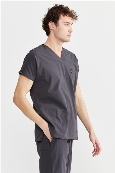 UltraLycra Basic - Likralı Doktor Hemşire Scrubs Tek Üst Cerrahi Forma (UNISEX), Antrasit