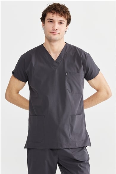 UltraLycra Basic - Likralı Doktor Hemşire Scrubs Tek Üst Cerrahi Forma (UNISEX), Antrasit