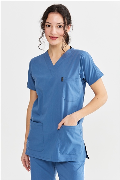 UltraLycra Basic - Likralı Doktor Hemşire Scrubs Tek Üst Cerrahi Forma (UNISEX), İndigo