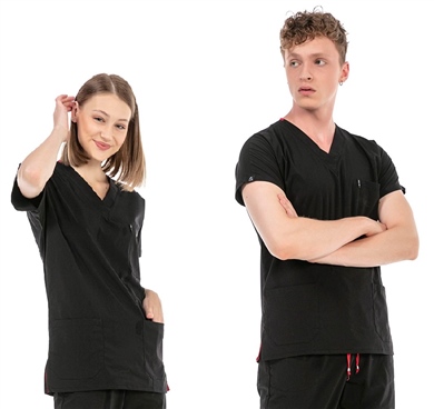 UltraLycra Basic - Likralı Doktor Hemşire Scrubs Tek Üst Cerrahi Forma (UNISEX), Siyah